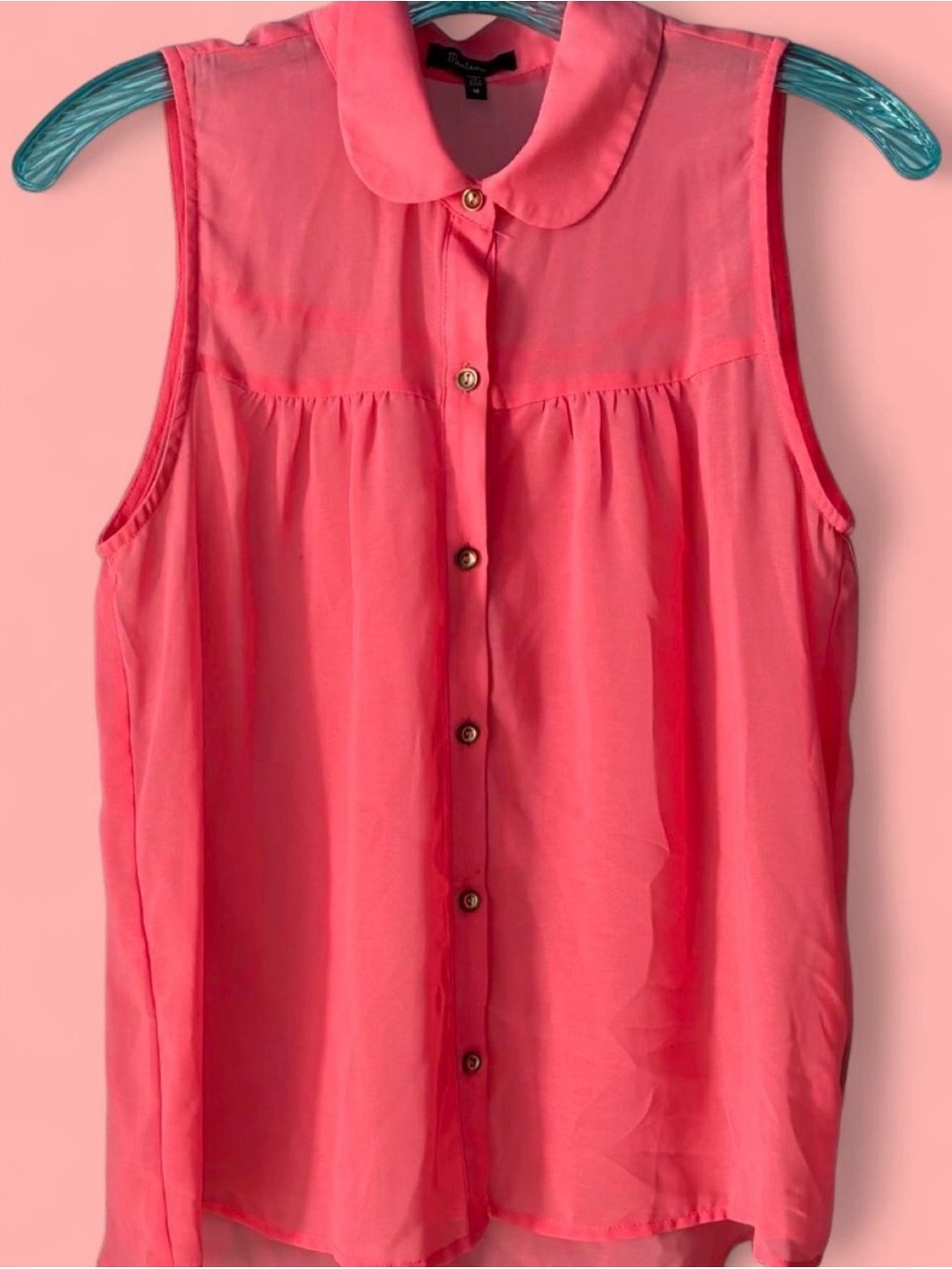Coral Pink Sheer Sleeveless Blouse Women’s Medium Peter Pan Collar Button Front